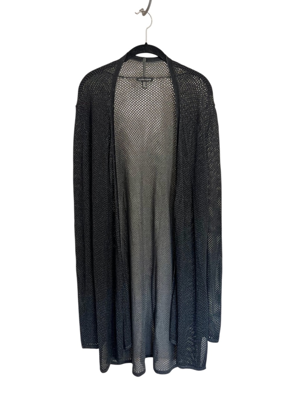 Eileen Fisher black tencil open knit mesh duster open front cardigan L coastal
